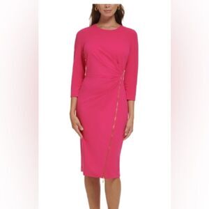 Calvin Klein ​Sheath Dress Woman Size 4 Pink Asymmetric Gold Zipper 3/4 Sleeve